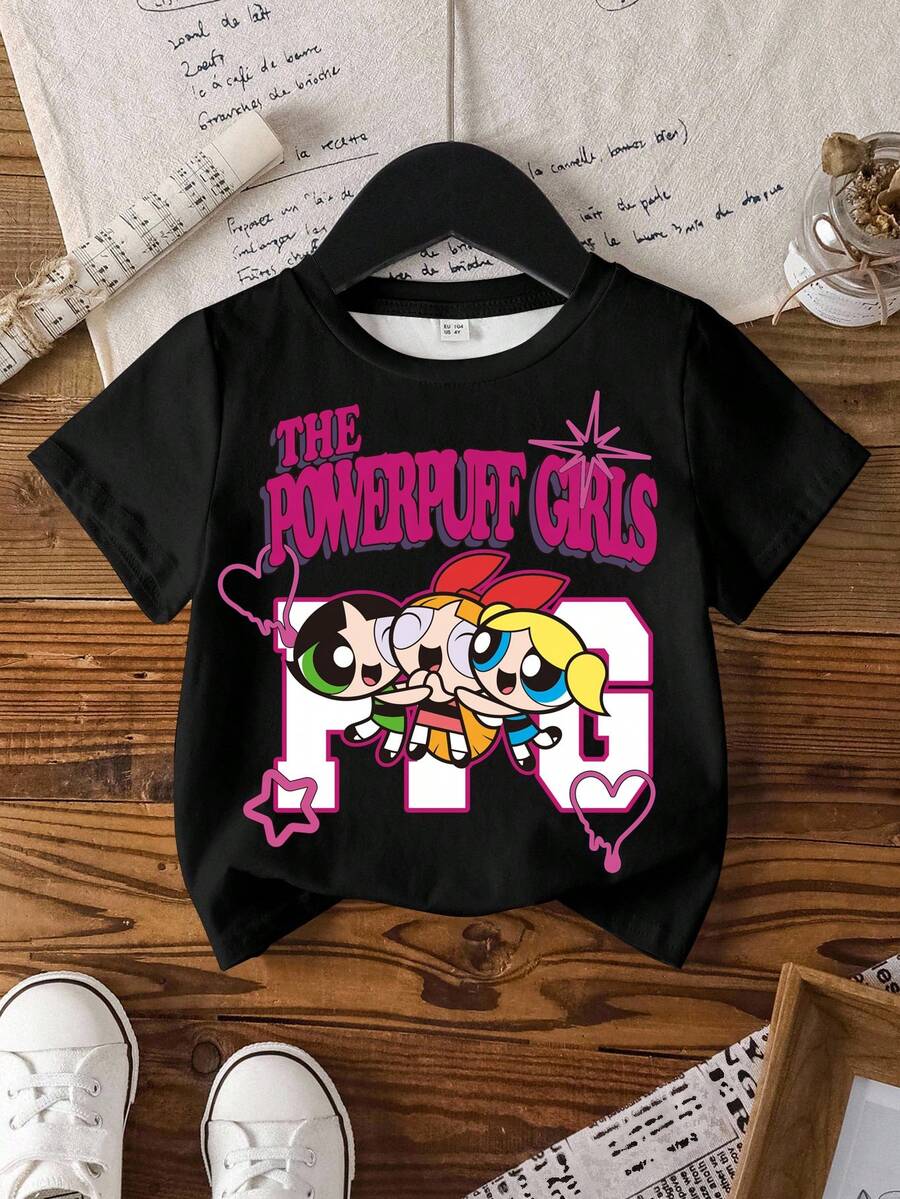 THE POWERPUFF GIRLS X SHEIN 女童圆领短袖休闲百搭T恤 - 白色 - 查看 1
