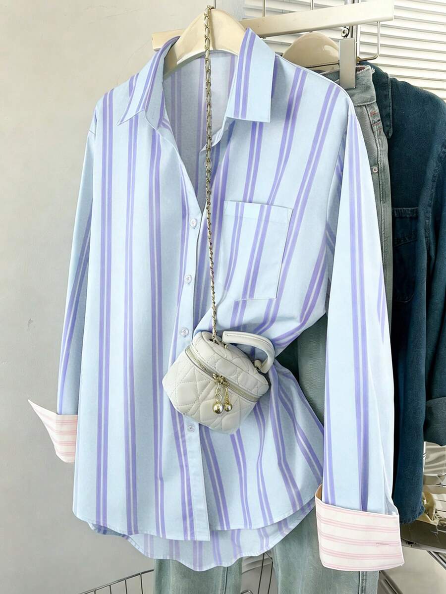 INAWLY 女士条纹单排扣休闲百搭日常长袖衬衫 - 藍色 - 查看 1