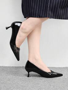 CUCCOO BIZCHIC 女鞋 女士尖头小猫跟鞋，黑色多条纹交叉低鞋面，日常通勤百搭工作休闲一脚蹬女式高跟鞋 - 黑色 - 查看 3