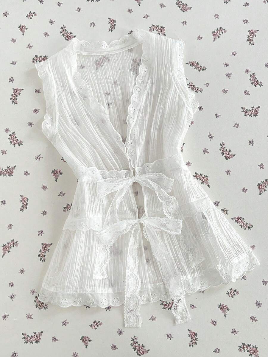 Elamini Women's Floral Patchwork Waist Cinched Low-Cut Solid Color Camisole - White - View 1
