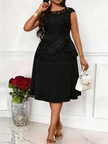 Villa Velisse Plus Size Summer Casual Elegant Contrast Lace Round Neck Dress - Black - View 4