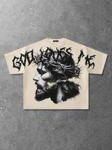 ROMWE MEN Street Life 男士休闲圆领字母和图案印花短袖T恤 - 杏色 - 查看 6