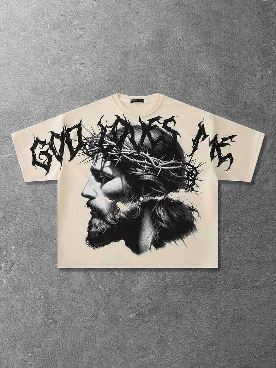 ROMWE MEN Street Life 男士休闲圆领字母和图案印花短袖T恤 - 杏色 - 查看 1