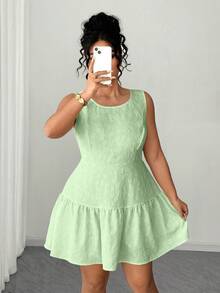 Vestido casual de línea A con volantes y diseño de moño jacquard en la espalda, estilo de vacaciones con textura jacquard floral sin mangas, adecuado para uso diario, salir con amigos, compras de fin de semana, fiesta de verano, fiesta en el jardín, viajes de vacaciones, talla grande - verde menta - Ver 6