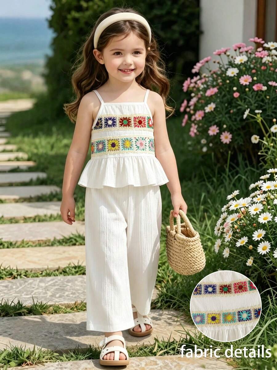 Elladie kids 女童休闲度假3D立体花卉钩编蕾丝边吊带背心搭配弹力腰带阔腿裤套装，夏季度假休闲优雅可爱通勤装