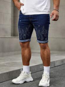 Manfinity Homme American Streetwear Distressed Denim Shorts With Rhinestones - Blue - View 4