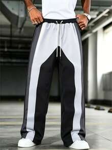 Manfinity Roughcore Pantaloni de trening casual pentru bărbați, cu talie cu șnur, blocuri de culoare, stil casual, de zi cu zi - Alb-negru - Vizualizare 3