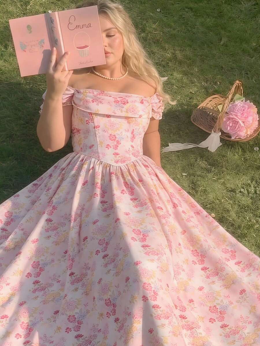 SHEIN MOD Plus Size Women's Pastel Pink Colorful Floral Print Off-Shoulder Flared Dress,Summer Curve Party Garden Tea,Date,Beachwear,Vacation,Picnic,Birthday
