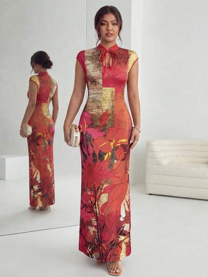 EastFlair Đầm đi nghỉ mát dáng ôm vừa vặn, thanh lịch, in hoa, cổ xoắn, khoét eo dành cho nữ cỡ lớn