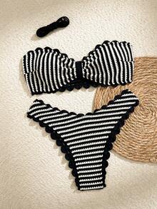 SHEIN Swim 2026 New Spring/Summer Women 2 Pieces Swimwear, Elegant Casual Beach Vacation Swimwear Set - Black and White - View 1
