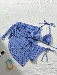 Swim Mod 3件套女士随机印花吊带沙滩裙，系带复古度假比基尼泳装套装，适合度假邮轮旅行沙滩日光浴，含罩衫，比基尼罩衫套装，女士比基尼套装 - 彩色 - 查看 2