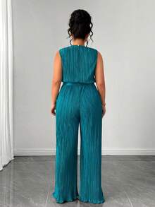 Elenzga Große Größen Damen Vintage Minimalistische ärmellose V-Ausschnitt Falten Taille Gürtel Lang Jumpsuit, Grün - Grün - Übersicht 2