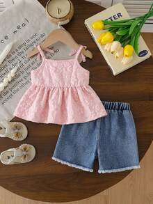 SHEIN Vintaside Kids 女婴夏季甜美清新花卉装饰吊带背心和牛仔短裤套装，蝴蝶结细节，适合日常外出、休闲旅行、家庭聚会、夏季购物 - 粉色 - 查看 3