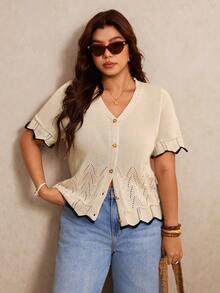 Elaquor Áo khoác cardigan cổ chữ V cài một hàng khuy dành cho nữ cỡ lớn, kiểu dáng thường ngày, đa năng. - Màu be - Xem 8