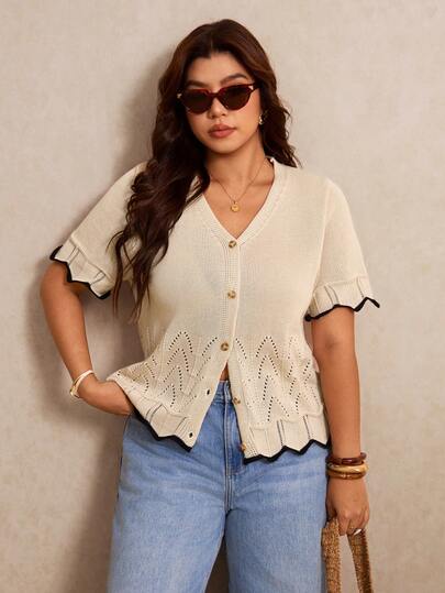 Elaquor Plus Size Women V-Neck Single-Breasted Casual Versatile Daily Wear Cardigan