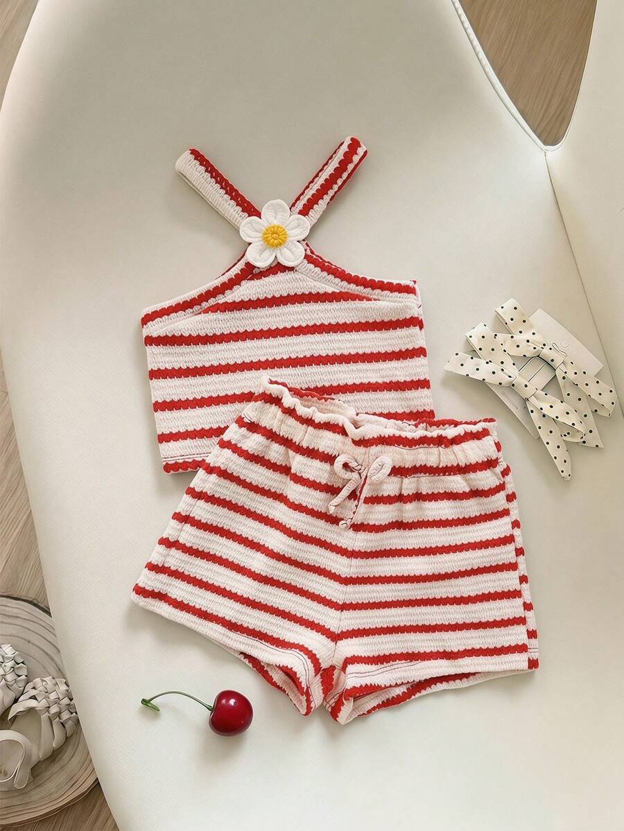 SHEIN 女童条纹吊带上衣和短裤套装 - 紅色 - 查看 1