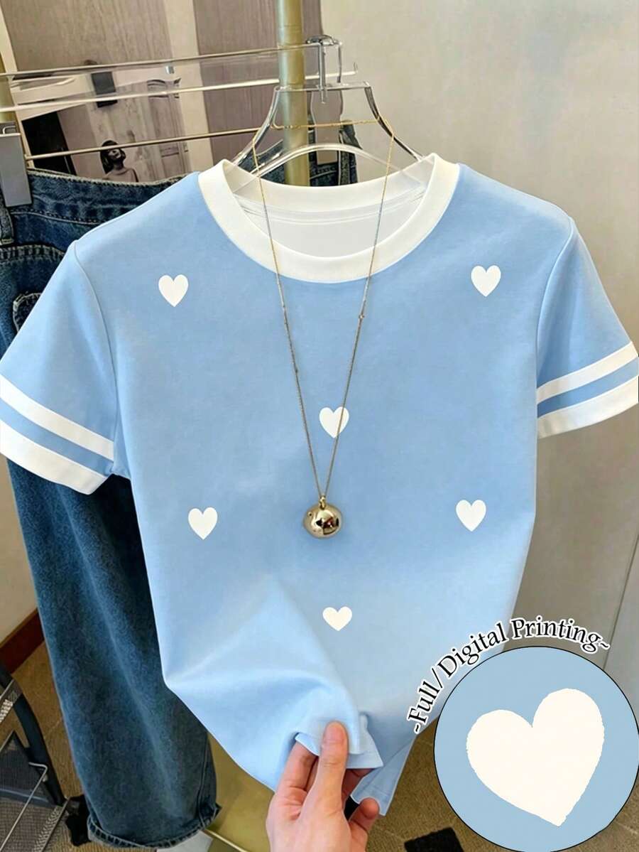 SHEIN 这款少女爱心印花宽松休闲撞色条纹圆领T恤,适合夏季、日常穿着、返校季、姐妹装、度假等场合。 - 彩色 - 查看 1