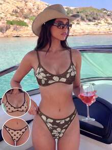 Swim Vcay Bộ bikini 2 mảnh mùa hè dành cho nữ, kiểu dáng thanh lịch, thoải mái, gợi cảm, họa tiết ngẫu nhiên, có thể mặc hai mặt, dây mảnh, kiểu quây ngực siêu nhỏ, khoét sâu, kiểu dáng gợi cảm. - Nhiều màu - Xem 3
