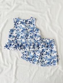 SHEIN Vintaside Kids 2件組女嬰可愛休閒格紋細肩帶背心與短褲套裝，適合戶外出遊度假，藍白配色夏季款 - 藍色 - 查看 3