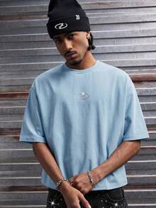 AXEPEAK Men's Rhinestone Design Round Neck Casual Short Sleeve T-Shirt - Baby Blue - View 3