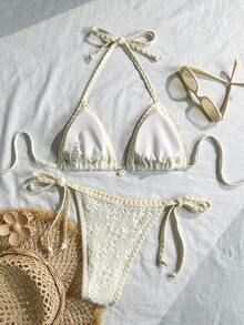 Swim Mod 女款春夏提花布料貝殼造型鉤編飾邊比基尼兩件套 優雅比基尼套裝 - 米色 - 查看 3