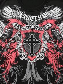 ROMWE MEN Goth Men's Skull Wing Cross Print Short Sleeve T-Shirt - Black - View 2