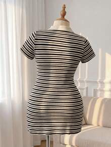 CosyJoli Plus Size Half-Zip Striped Casual Short Sleeve Summer Versatile Dress - Navy Blue - View 2