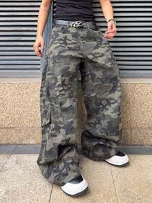 ROMWE MEN Street Life 男士宽松迷彩牛仔裤 - 軍綠色 - 查看 5