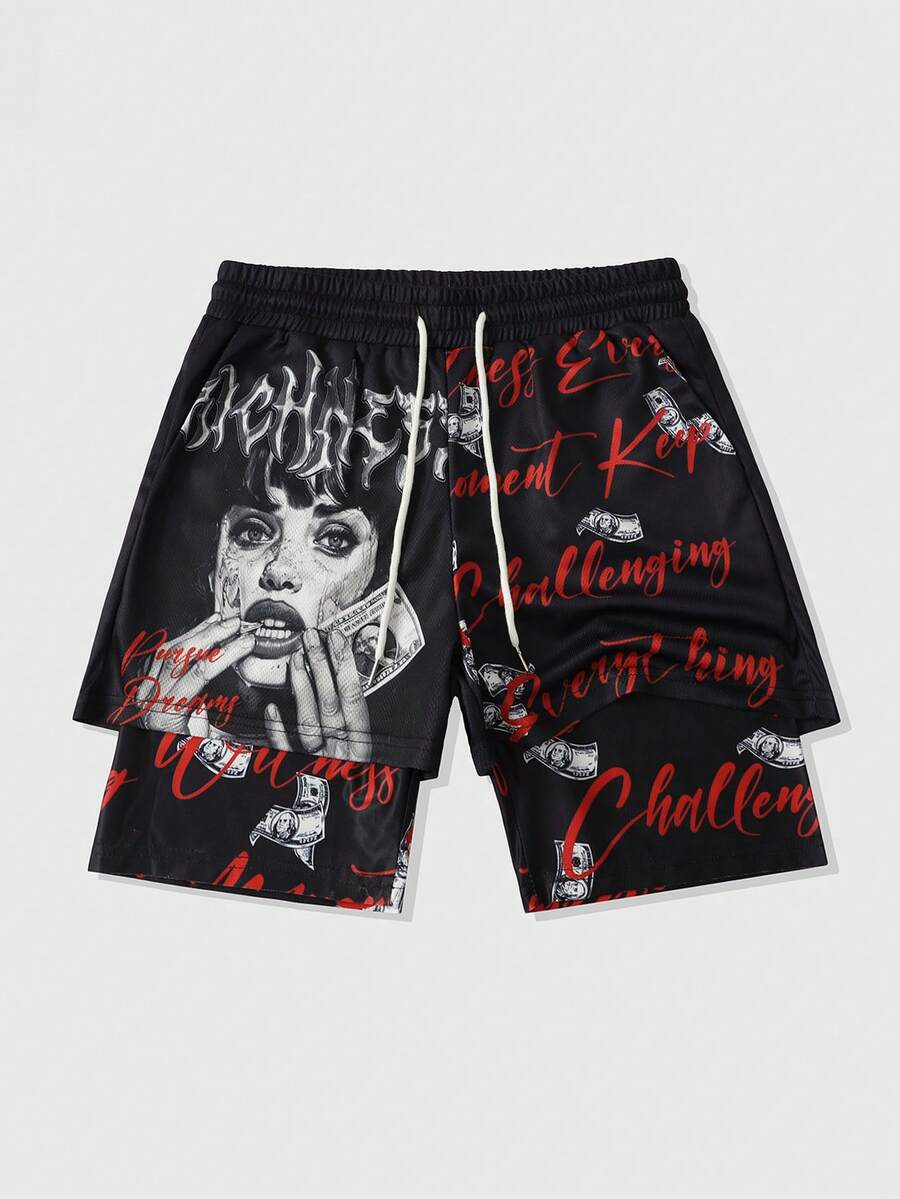 ROMWE MEN Street Life Pantalones cortos de baloncesto con estampado para hombres con diseño 2 en 1, adecuados para uso diario en primavera/verano - Negro - Ver 1