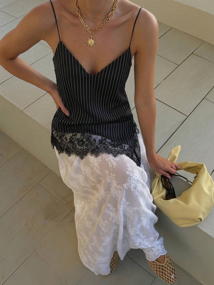 Aloruh 女士优雅性感条纹印花撞色蕾丝吊带背心，休闲优雅撞色蕾丝背心，条纹吊带衫，适合优雅通勤、日常外出 - 白色 - 查看 1