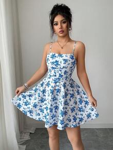 Allurite Casual Vacation Blue & White Ditsy Floral Sleeveless Pleated Front Ruffle Hem One-Piece Dress, Vacation Dress, Beach Dress, Summer Dress, Daily Dress - Blue - View 7