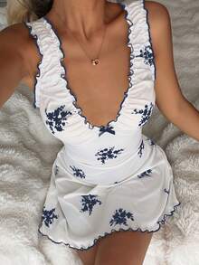 CottageSlumber Women's Floral Print V-Neck Ruffle Trim Bow Decor Nightgown - Navy Blue - View 3