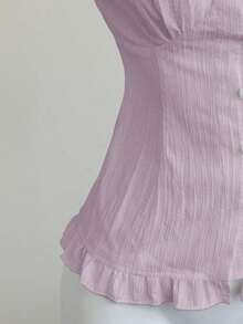 Elamini White Sexy Off Shoulder Petal Sleeve Frill Trim Fitted Blouse, Slimming Fit For Spring/Summer Vacation - Mauve Purple - View 3