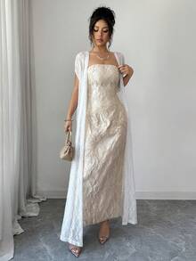 Elenzga Bộ trang phục Hồi giáo tối giản, thanh lịch, đa năng dành cho nữ mùa Xuân/Hè, thiết kế vải jacquard, phối màu tương phản, áo khoác ren dài tay màu trắng kết hợp với váy ôm màu vàng nhạt. - Màu be - Xem 3