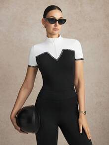 Activina Conjunto ecuestre de mujer con cuello Mao y manga corta de color contrastante - Blanco y Negro - Ver 5