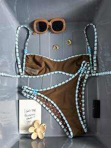 Swim Mod 女士复古波点条纹双面沙滩裙，串珠装饰，时尚休闲度假装，甜美性感，女士泳装套装，超迷你比基尼抹胸两件套 - 彩色 - 查看 7