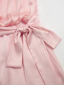 GlowEve Women's Baby Pink Satin Patchwork Halter Neck Tie-Waist Sleeveless Short Dress, Summer Elegant Romantic Sexy Casual Party Golf Date Wedding - Pink - View 5