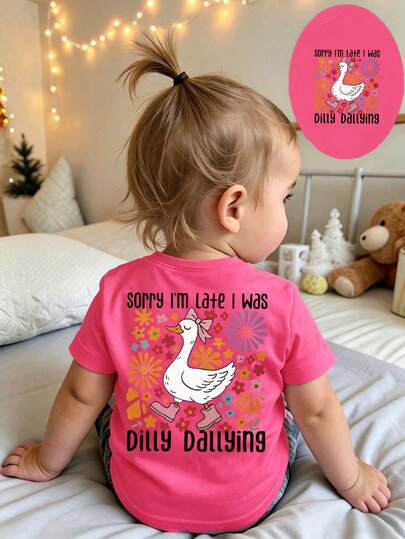 Spring And Summer Casual Fashionable Creative Cute Kawaii Cartoon Big White Goose Pink Bow Shoes Floral Pattern Letter Slogan Print Basic Fuchsia Short T-Shirt, Comfortable Daily Wear, Cozy Summer And Fall Styles Suitable For Spring, Summer And Autumn For Baby Girls