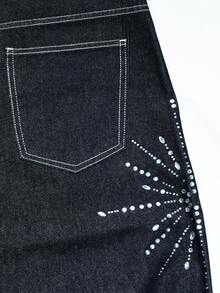 Manfinity EMRG Quần jeans ống rộng phong cách Gothic nam, kiểu dáng rách rưới, đính đá lấp lánh. - Rửa tối - Xem 4