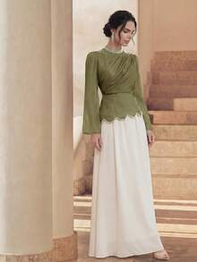 Anewsta Women's Solid Color Mandarin Collar Asymmetrical Rhinestone Embellished Flared Soft Elegant Dress - Army Green - View 6