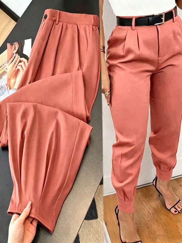 GlowEve CURVE Plus Size Women's Elegant Tapered Leg Wine Red Chic Suit Pants, Office Commute Spring Summer Vacation Elegant Trousers, Suitable For Graduation, Valentine's Day, Music Festival, Mother's Day, Halloween, Thanksgiving, Easter, National Day, Prom, Date Party, Wedding Season, Outdoor Excursion Buissness Casual Women Pants Orange Chiffon Pants Women Coral Zumba Pants Wide Leg Pants Woman High Waist