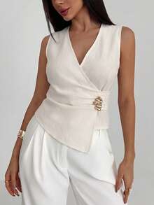 Aloruh Women's Solid Color Metal Waist Design Ruched Asymmetric Hem Sleeveless Blouse Summer Outfit Sleeveless Wrap Top Womens Business Casual Elegant Top,Summer Top - Beige - View 8