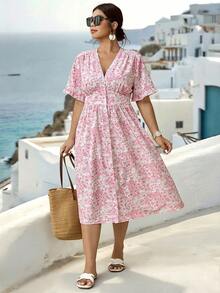 Plus Size Woven Printed Elegant Summer Women's Dress For Vacation - Pink - View 1