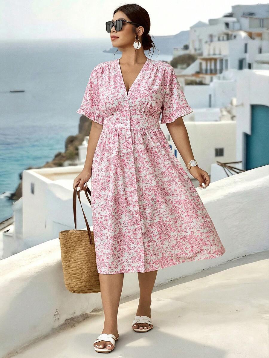 Plus Size Woven Printed Elegant Summer Women's Dress For Vacation - Pink - View 1