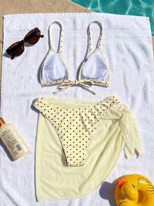 Swim Mod Conjunto de biquíni feminino de 2 peças para praia, moda praia sexy e charmosa para férias, top cropped com alças cruzadas nas costas e calcinha de biquíni com amarração lateral, estampa floral/de bolinhas aleatória, saia pareô em cor sólida, ideal para primavera/verão. - Multicolorido - Ver 2