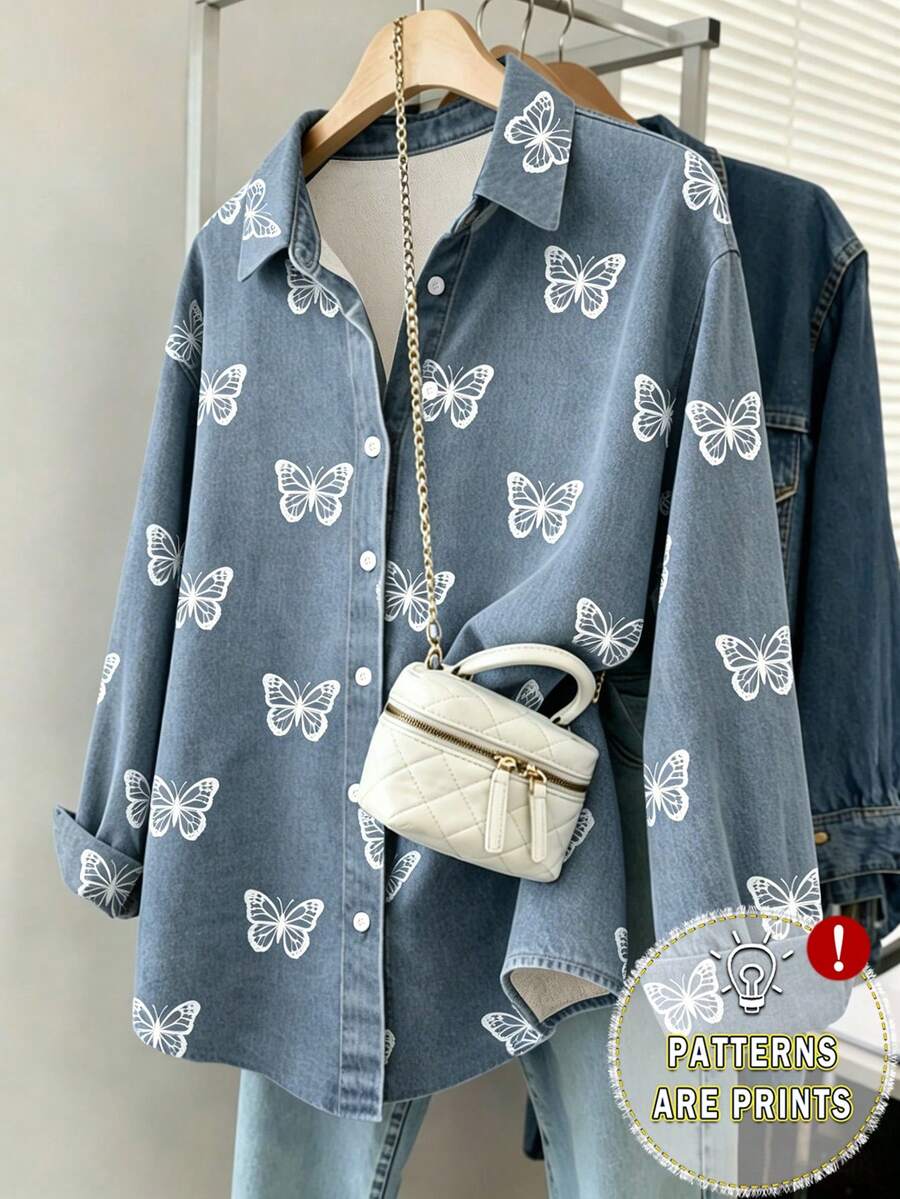 Resyla Camisa de mujer con efecto de mezclilla y estampado de mariposa retro - Multicolor - Ver 1