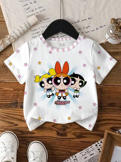 THE POWERPUFF GIRLS X SHEIN Baby Girl Round Neck Pentagram Cartoon Print Casual Versatile Daily Wear Short Sleeve Top
