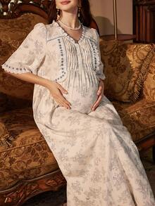 PalaceNights Palace Style Blue Floral Print & Ruffle Front V-Neck Short Sleeve Maternity Nightgown - Multicolor - View 5