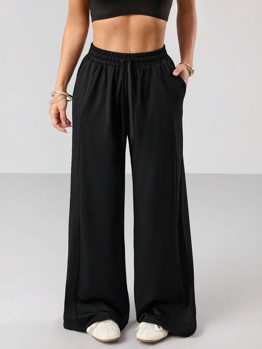 Dewbera 女士休闲舒适百搭黑色长裤，带抽绳腰带和侧袋 - 黑色 - 查看 1