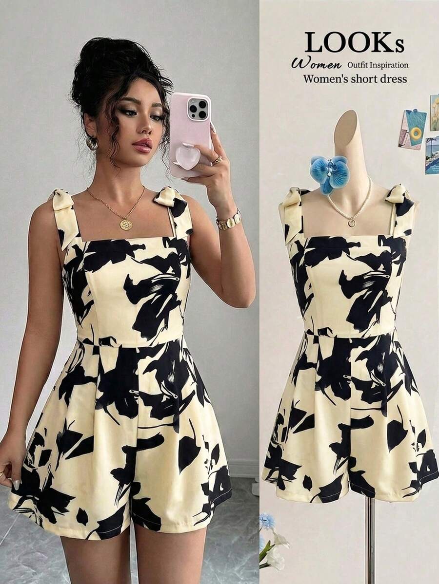 Elenzga Bộ jumpsuit nữ in họa tiết đen trắng, thiết kế thanh lịch, thích hợp cho Ngày Valentine, Lễ Phục Sinh, Ngày Lao động, Sinh nhật, Hẹn hò, Tiệc tùng, Các dịp trang trọng, trang phục giáo viên, du lịch, mùa xuân và mùa hè. - Màu be - Xem 1